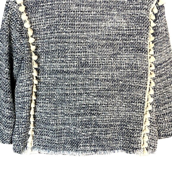 ZARA Oversize Tweed Blue and White Fringe Tassels Blazer Jacket - Picture 9 of 11